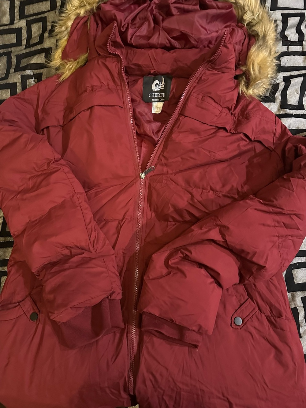 Women's Burgundy Puffer Coat with Faux Fur Hood